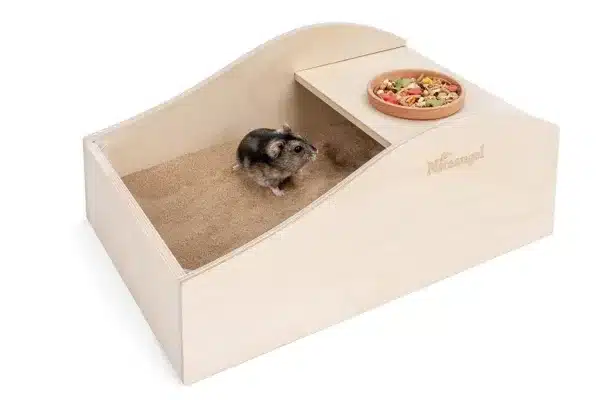 Wooden Niteangel sand bath with feeding bowl on the top level and a dwarf hamster in the sand