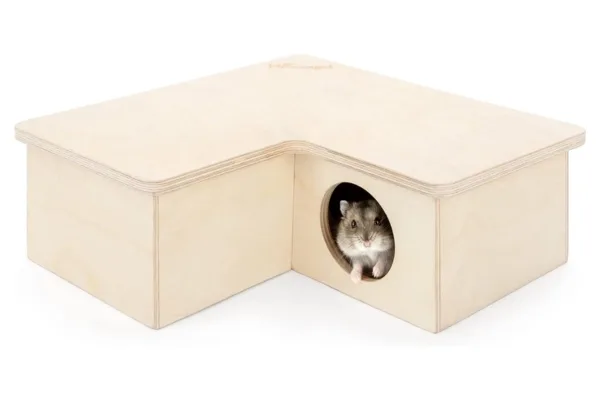 Niteangel wooden multichamber hide with a dwarf hamster peeking out